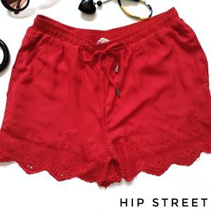 MIAMI Embroidered Scallop Leg Elastic Waist Red Boxer Style Shorts L